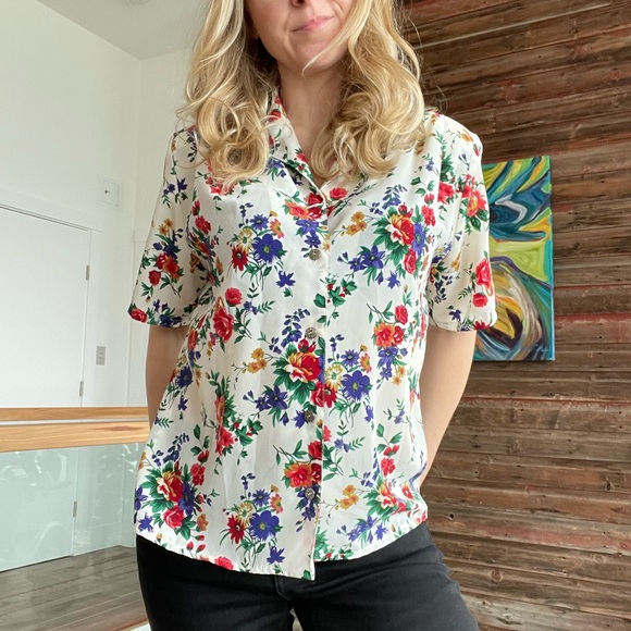 HER Tops - Vintage Autumn floral pattern short sleeve blouse